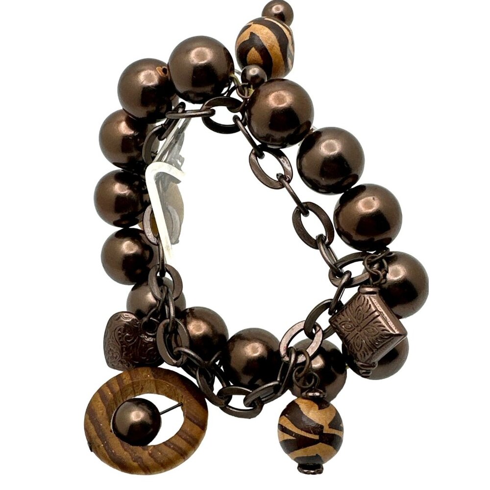 Eclectic Boho Chic Multi-Bead Bracelet Charm  Heart Chain Brown Tan Elevated